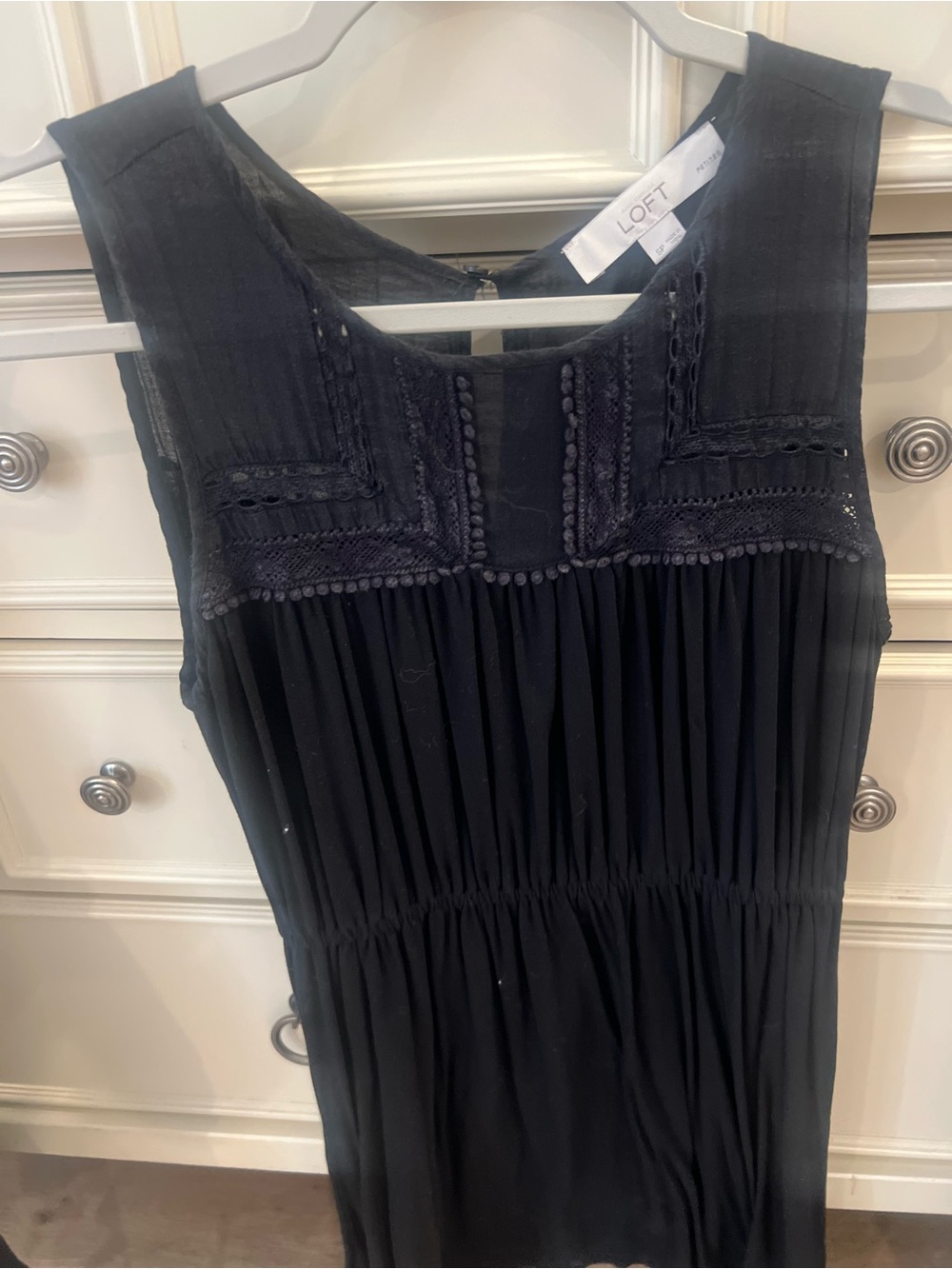 LOFT Black Sleeveless Pleated Midi Dress with Embroidered Yoke